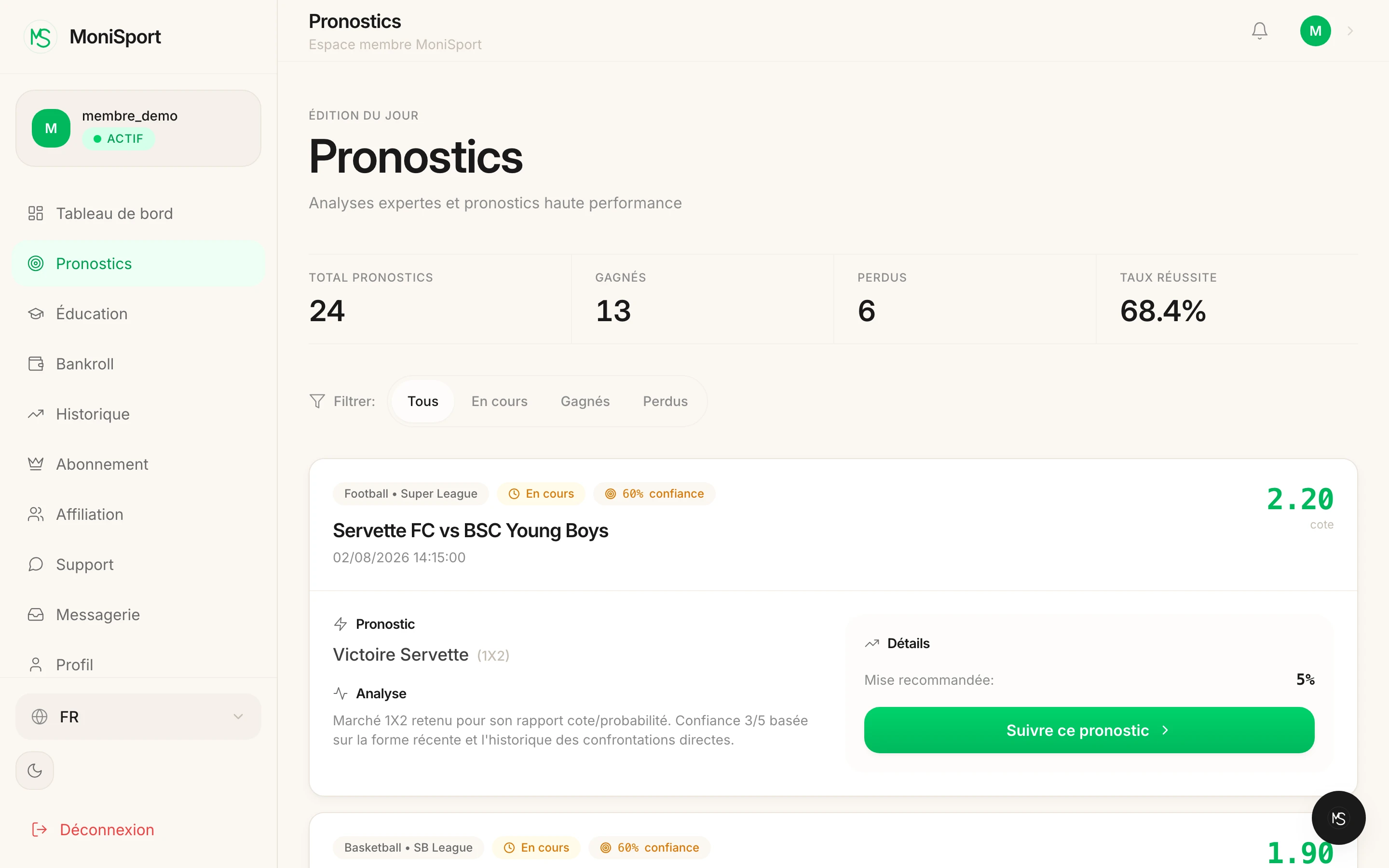 Écran pronostics MoniSport, en développement